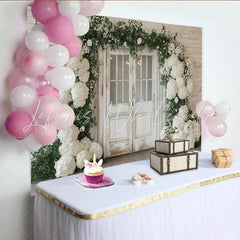 Lofaris Rustic White Door Wedding Backdrop with Hydrangeas and Greenery Elegant Floral Photography Background for Bridal Shower Decor