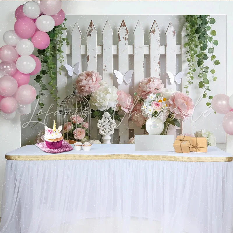 Lofaris Rustic White Fence Floral Photography Backdrop with Pink Peonies Charming Spring Decor and Studio Background
