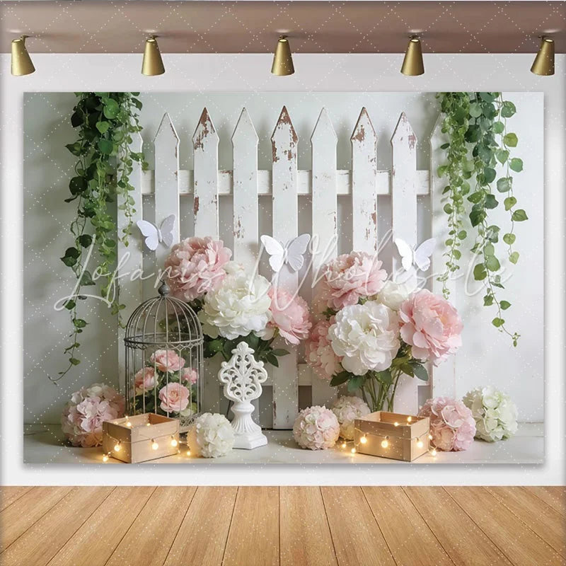 Lofaris Rustic White Fence Floral Photography Backdrop with Pink Peonies Charming Spring Decor and Studio Background