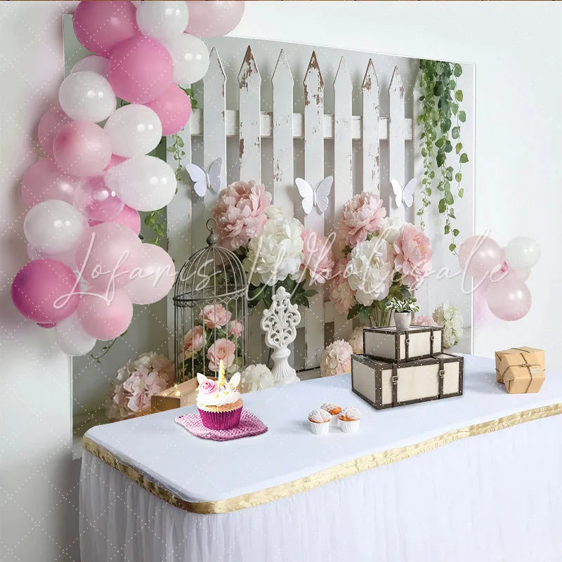 Lofaris Rustic White Fence Floral Photography Backdrop with Pink Peonies Charming Spring Decor and Studio Background