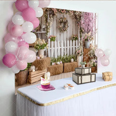 Lofaris Rustic White Picket Fence Easter Photography Backdrop with Pink Cherry Blossoms and Spring Flowers Studio Background for Portraits