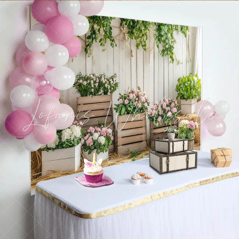 Lofaris Rustic White Wood Floral Photography Backdrop with Pink and White Flowers Studio Background for Spring Photoshoot and Event Decor