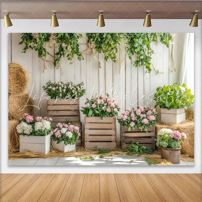 Lofaris Rustic White Wood Floral Photography Backdrop with Pink and White Flowers Studio Background for Spring Photoshoot and Event Decor