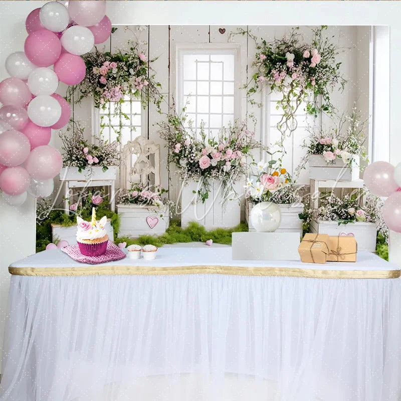 Lofaris Rustic White Wood Floral Photography Backdrop with Pink Roses and Greenery Elegant Studio Background for Spring Photoshoot