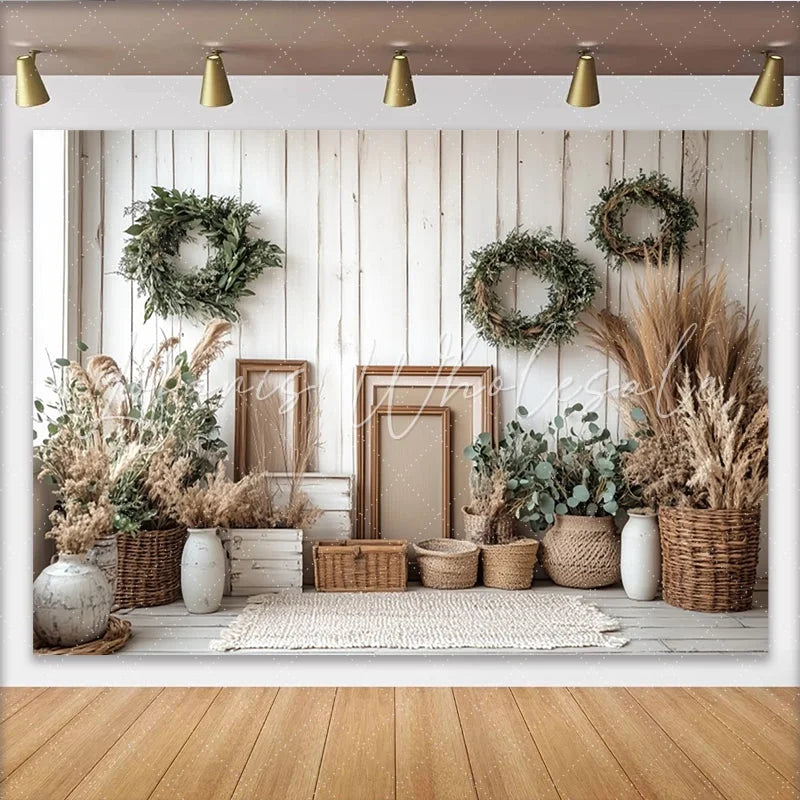 Lofaris Rustic Wood and Greenery Photography Backdrop with Wreaths and Pampas Grass Boho Natural Background for Studio Portrait