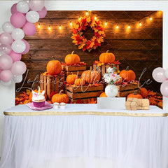 Lofaris Rustic Wood Autumn Harvest Backdrop with Pumpkins and Fall Leaves Cozy String Lights Photography Background for Fall Party
