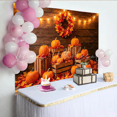 Lofaris Rustic Wood Autumn Harvest Backdrop with Pumpkins and Fall Leaves Cozy String Lights Photography Background for Fall Party
