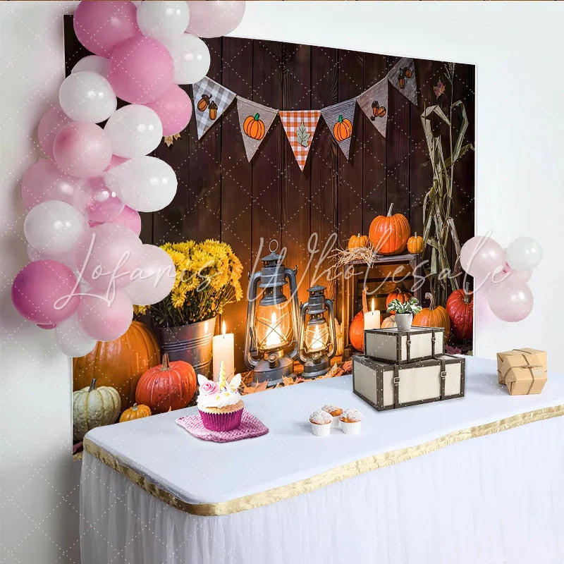 Lofaris Rustic Wood Autumn Harvest Holiday Backdrop with Pumpkins and Lanterns Cozy Fall Festival Background for Photography and Party Decor