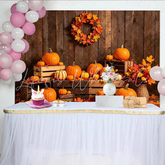 Lofaris Rustic Wood Autumn Harvest Holiday Backdrop with Pumpkins and Leaves Festive Fall Decor Background for Thanksgiving