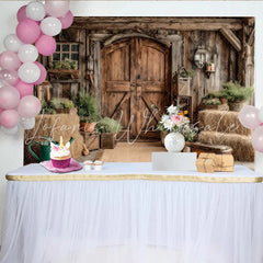 Lofaris Rustic Wood Barn Door Photography Backdrop with Hay Bales and Greenery Farmhouse Style Studio Background for Photoshoot