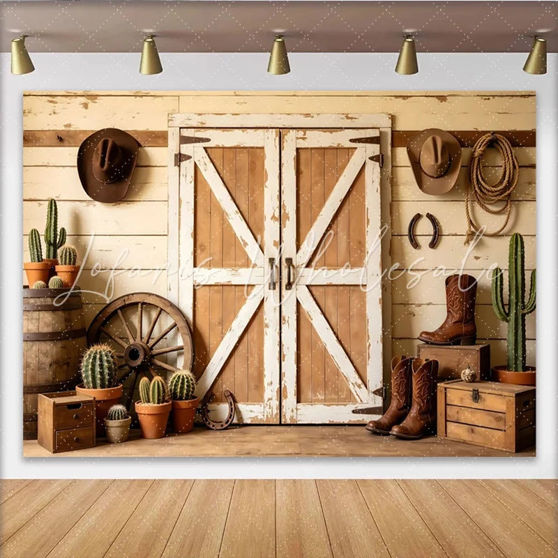 Lofaris Rustic Wood Barn Door Western Photography Backdrop with Cowboy Hats and Boots Country Farmhouse Studio Background for Photoshoot