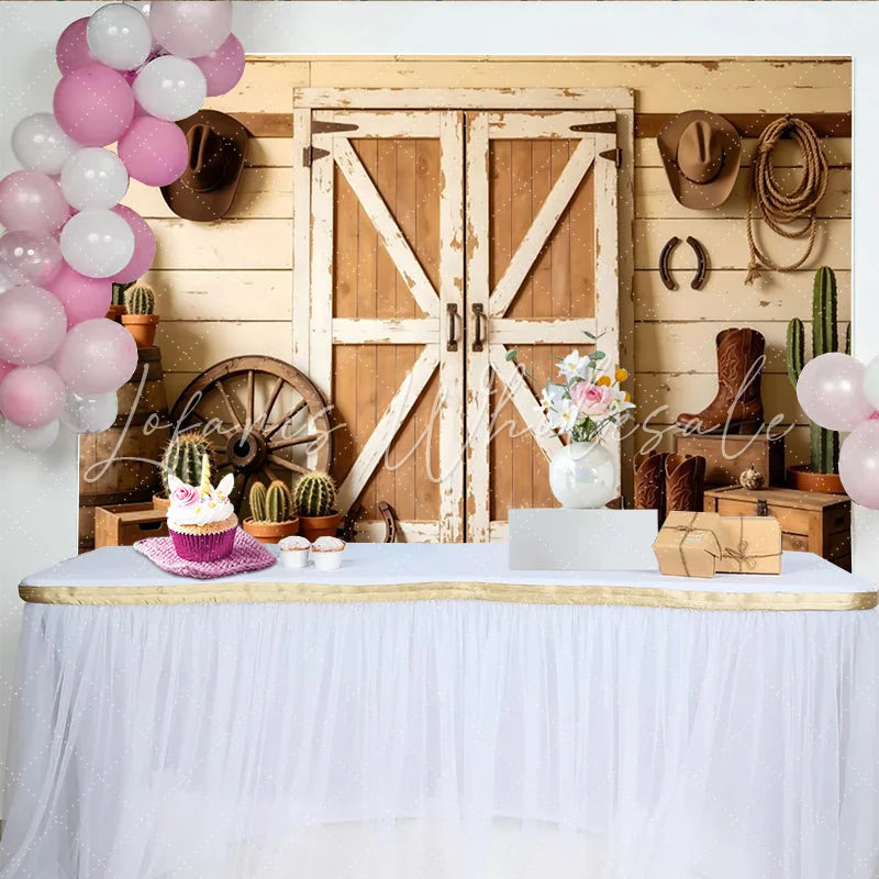 Lofaris Rustic Wood Barn Door Western Photography Backdrop with Cowboy Hats and Boots Country Farmhouse Studio Background for Photoshoot