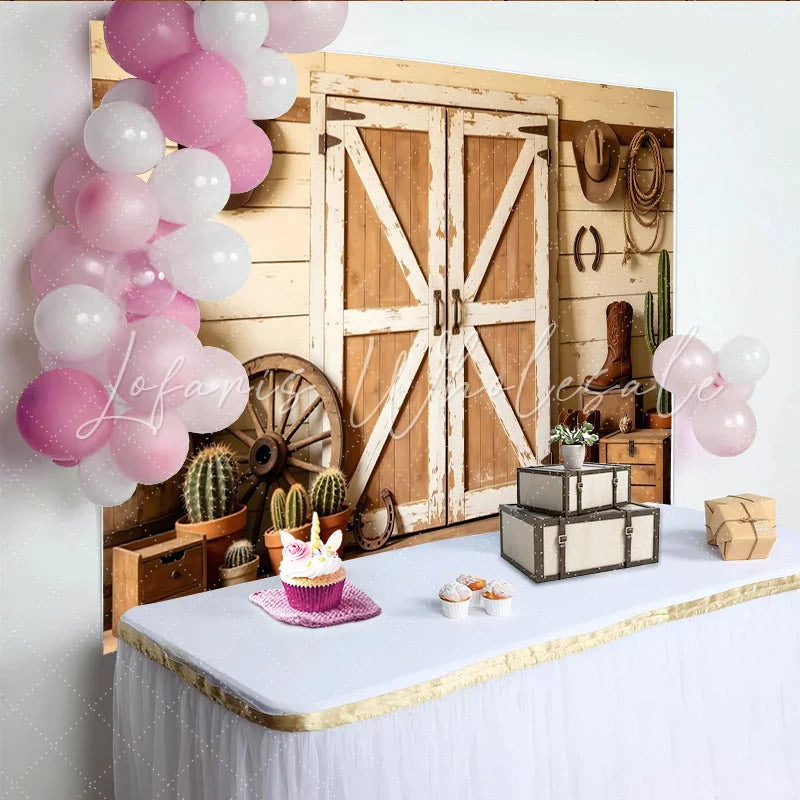 Lofaris Rustic Wood Barn Door Western Photography Backdrop with Cowboy Hats and Boots Country Farmhouse Studio Background for Photoshoot