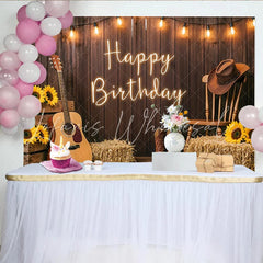 Lofaris Rustic Wood Country Happy Birthday Backdrop with Sunflowers and Guitar Western Photo Background for Party Decor and Photoshoot