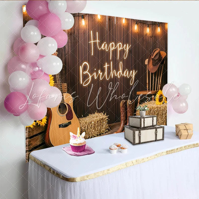 Lofaris Rustic Wood Country Happy Birthday Backdrop with Sunflowers and Guitar Western Photo Background for Party Decor and Photoshoot