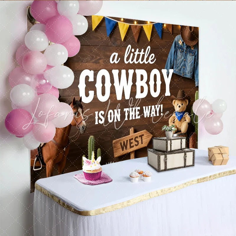Lofaris Rustic Wood Cowboy Baby Shower Backdrop for Boy Western Theme Party Decor with Bull Skull Boots and Cacti for Photoshoot