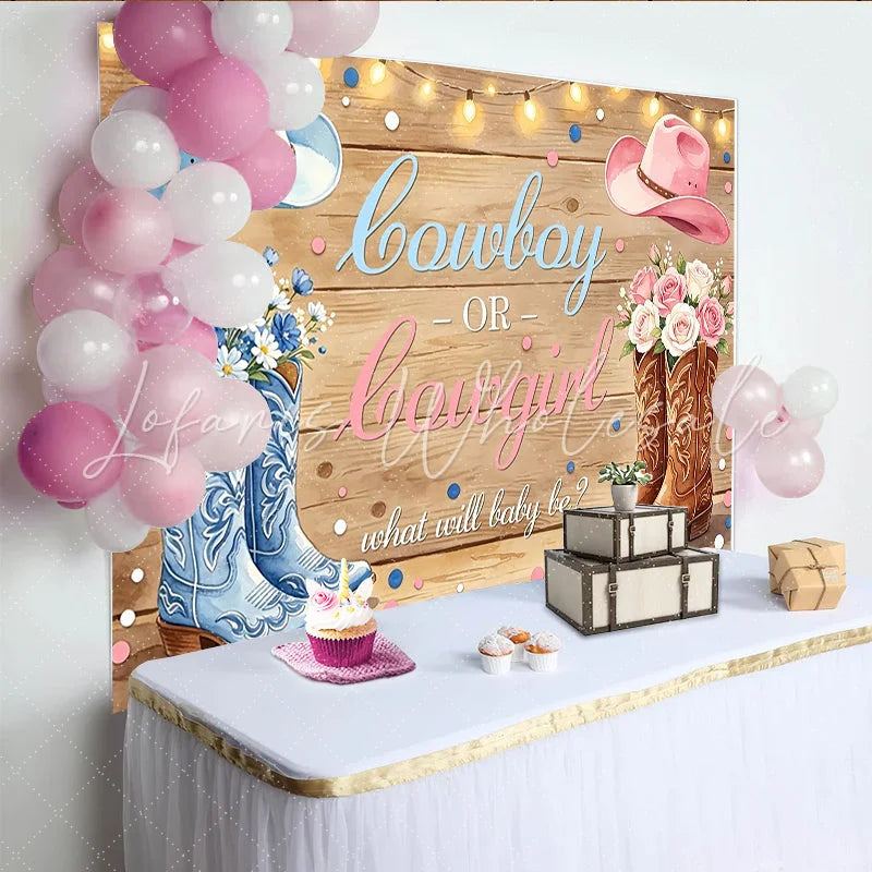 Lofaris Rustic Wood Cowboy or Cowgirl Gender Reveal Baby Shower Backdrop Blue and Pink Western Theme Photography Background for Party