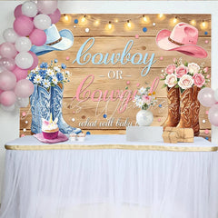 Lofaris Rustic Wood Cowboy or Cowgirl Gender Reveal Baby Shower Backdrop Blue and Pink Western Theme Photography Background for Party