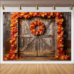 Lofaris Rustic Wood Door Autumn Maple Leaf Photography Backdrop with Wreath Vibrant Fall Season Photo Background for Studio Photoshoot