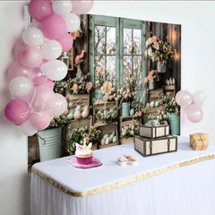 Lofaris Rustic Wood Easter Backdrop with Pastel Flowers and Eggs Mint Green Window Photography Background for Spring