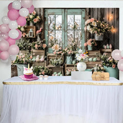 Lofaris Rustic Wood Easter Backdrop with Pastel Flowers and Eggs Mint Green Window Photography Background for Spring
