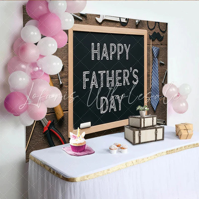 Lofaris Rustic Wood Fathers Day Backdrop with Tools and Mustache Props Chalkboard Background for Celebration Party Decor