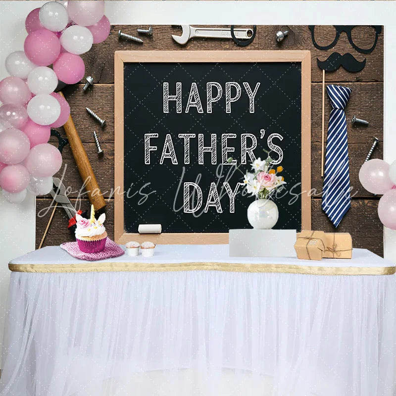Lofaris Rustic Wood Fathers Day Backdrop with Tools and Mustache Props Chalkboard Background for Celebration Party Decor