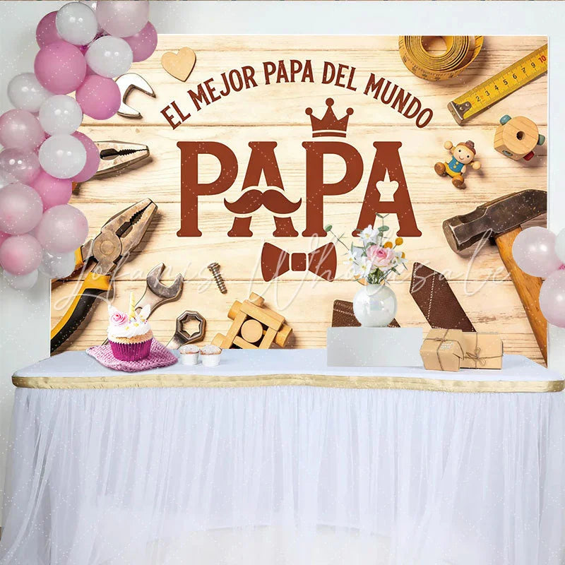 Lofaris Rustic Wood Fathers Day Backdrop with Tools and Papa Text Charming Photo Booth Background for Family Celebration
