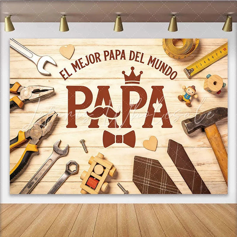 Lofaris Rustic Wood Fathers Day Backdrop with Tools and Papa Text Charming Photo Booth Background for Family Celebration