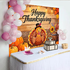 Lofaris Rustic Wood Happy Thanksgiving Backdrop with Cartoon Turkey Autumn Harvest Party Background for Photography