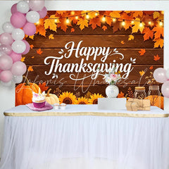 Lofaris Rustic Wood Happy Thanksgiving Backdrop with Pumpkins Sunflowers and Autumn Leaves Festive Fall Harvest Party Decor for Photography