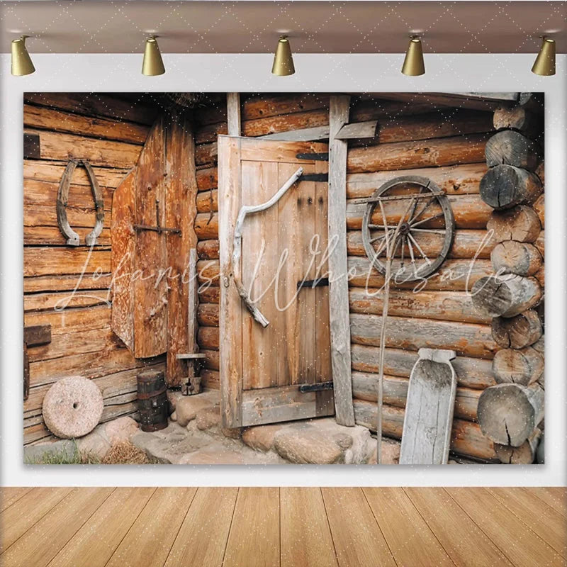 Lofaris Rustic Wood Log Cabin Photography Backdrop with Vintage Door and Wagon Wheel Old Farmhouse Studio Background for Portrait Photoshoot