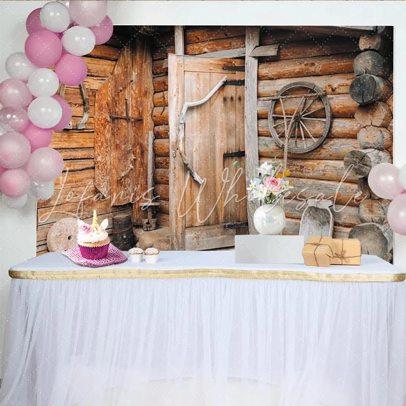 Lofaris Rustic Wood Log Cabin Photography Backdrop with Vintage Door and Wagon Wheel Old Farmhouse Studio Background for Portrait Photoshoot