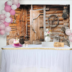 Lofaris Rustic Wood Log Cabin Photography Backdrop with Vintage Door and Wagon Wheel Old Farmhouse Studio Background for Portrait Photoshoot