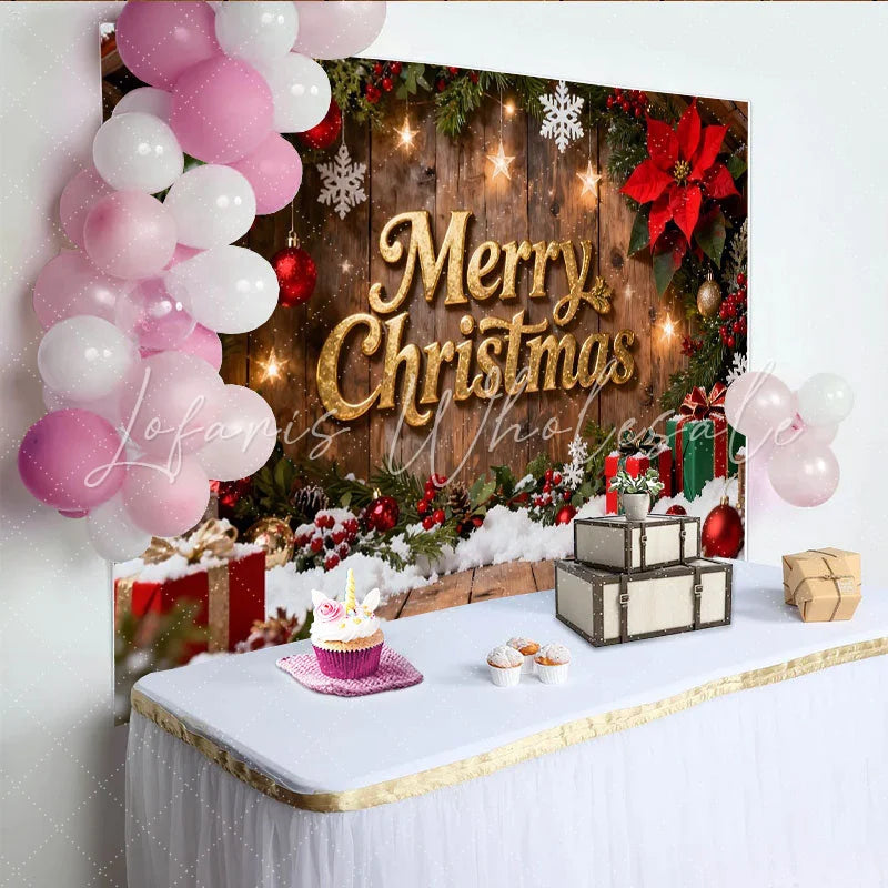Lofaris Rustic Wood Merry Christmas Party Backdrop featuring Golden Text Holly Berries and Snow for Festive Holiday Decor