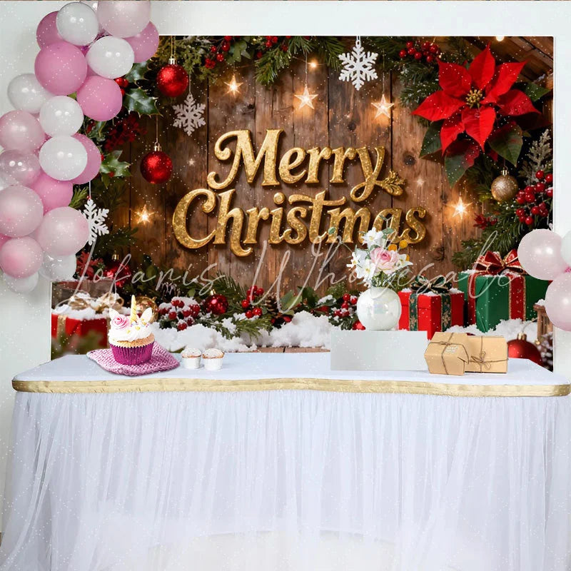Lofaris Rustic Wood Merry Christmas Party Backdrop featuring Golden Text Holly Berries and Snow for Festive Holiday Decor