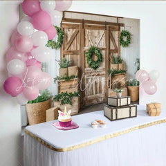 Lofaris Rustic Wood Photography Backdrop with Barn Door and Green Wreaths Farmhouse Style Background for Studio Photoshoot