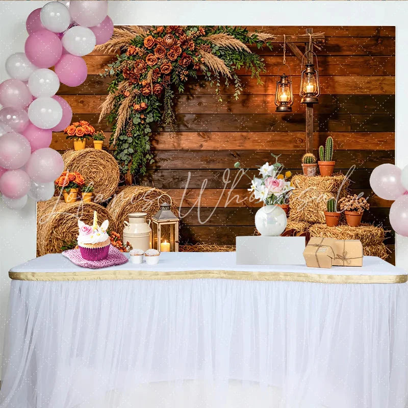 Lofaris Rustic Wood Photography Backdrop with Hay Bales and Flowers Farmhouse Country Studio Background for Portrait Photoshoot