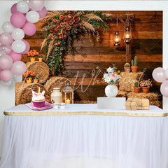 Lofaris Rustic Wood Photography Backdrop with Hay Bales and Flowers Farmhouse Country Studio Background for Portrait Photoshoot