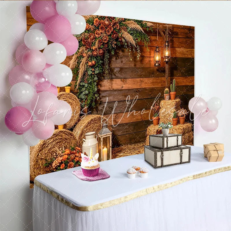 Lofaris Rustic Wood Photography Backdrop with Hay Bales and Flowers Farmhouse Country Studio Background for Portrait Photoshoot