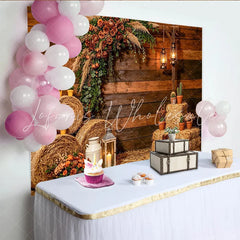 Lofaris Rustic Wood Photography Backdrop with Hay Bales and Flowers Farmhouse Country Studio Background for Portrait Photoshoot