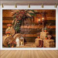 Lofaris Rustic Wood Photography Backdrop with Hay Bales and Flowers Farmhouse Country Studio Background for Portrait Photoshoot