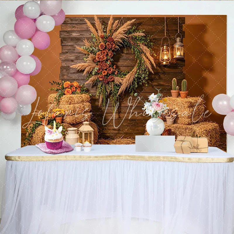 Lofaris Rustic Wood Photography Backdrop with Pampas Grass Wreath and Hay Bales Autumn Farmhouse Background for Fall Harvest Party Decor