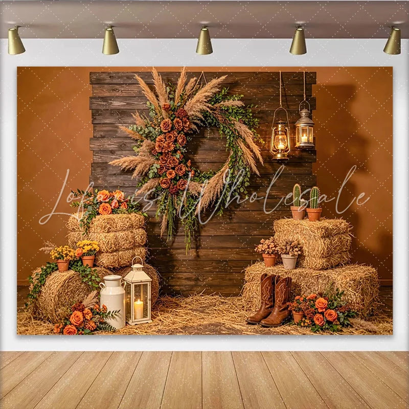 Lofaris Rustic Wood Photography Backdrop with Pampas Grass Wreath and Hay Bales Autumn Farmhouse Background for Fall Harvest Party Decor
