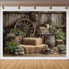 Lofaris Rustic Wood Photography Backdrop with Wagon Wheel and Hay Bales Vintage Barn Studio Background for Portraits