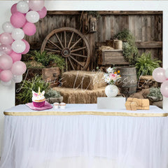 Lofaris Rustic Wood Photography Backdrop with Wagon Wheel and Hay Bales Vintage Barn Studio Background for Portraits
