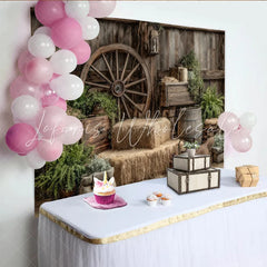 Lofaris Rustic Wood Photography Backdrop with Wagon Wheel and Hay Bales Vintage Barn Studio Background for Portraits