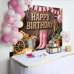 Lofaris Rustic Wood Pink Cowgirl Birthday Backdrop with Gold Balloons Western Party Decor for Girls Photoshoot