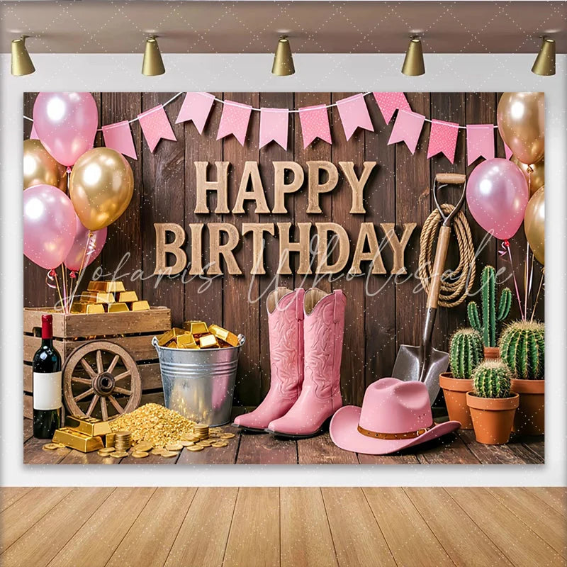 Lofaris Rustic Wood Pink Cowgirl Birthday Backdrop with Gold Balloons Western Party Decor for Girls Photoshoot