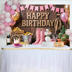 Lofaris Rustic Wood Pink Cowgirl Birthday Backdrop with Gold Balloons Western Party Decor for Girls Photoshoot